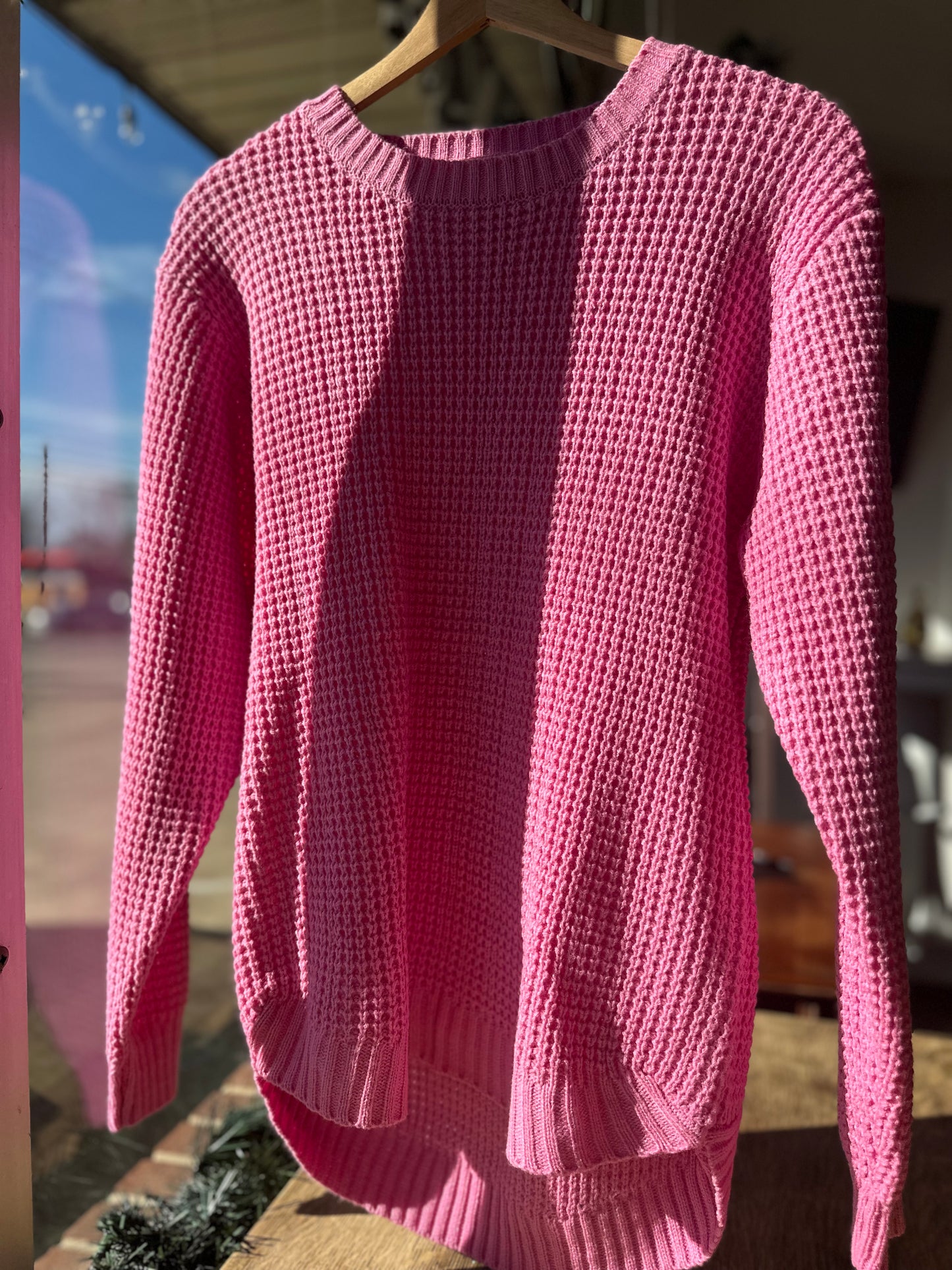 Candy pink high low long sleeve round neck waffle sweater