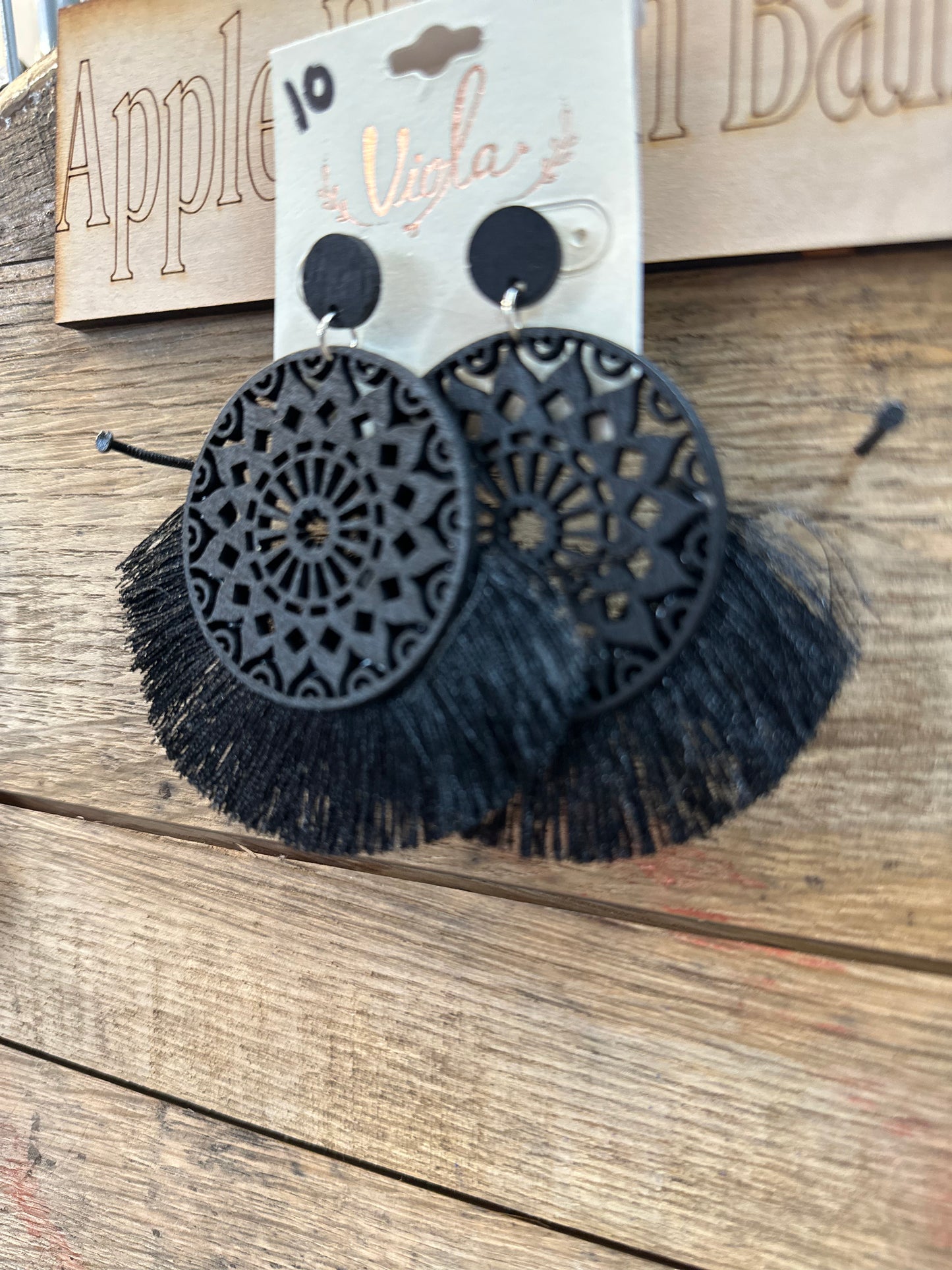 Black wooden tassel earrings