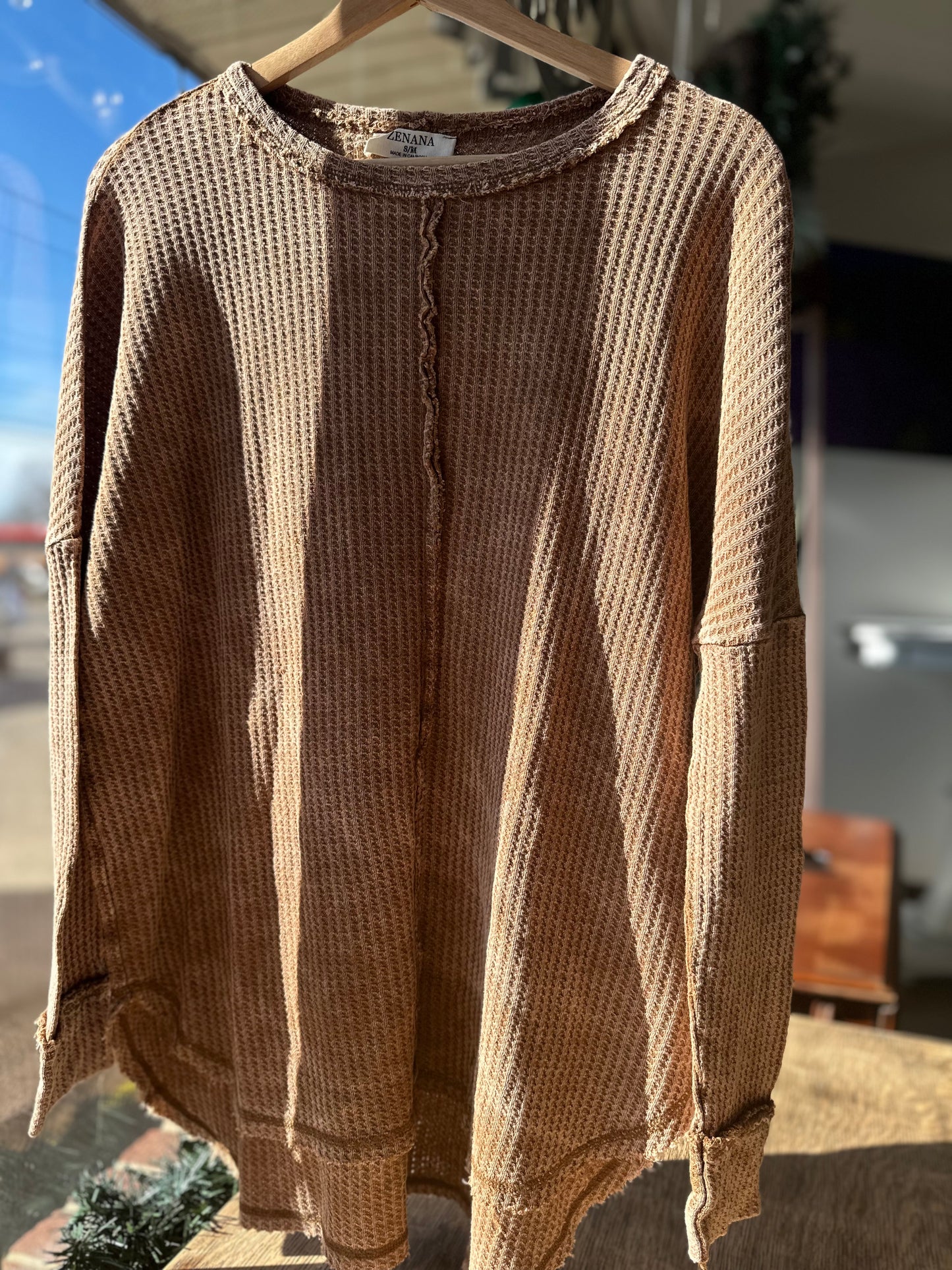 Deep camel washed baby waffle oversize long sleeve top