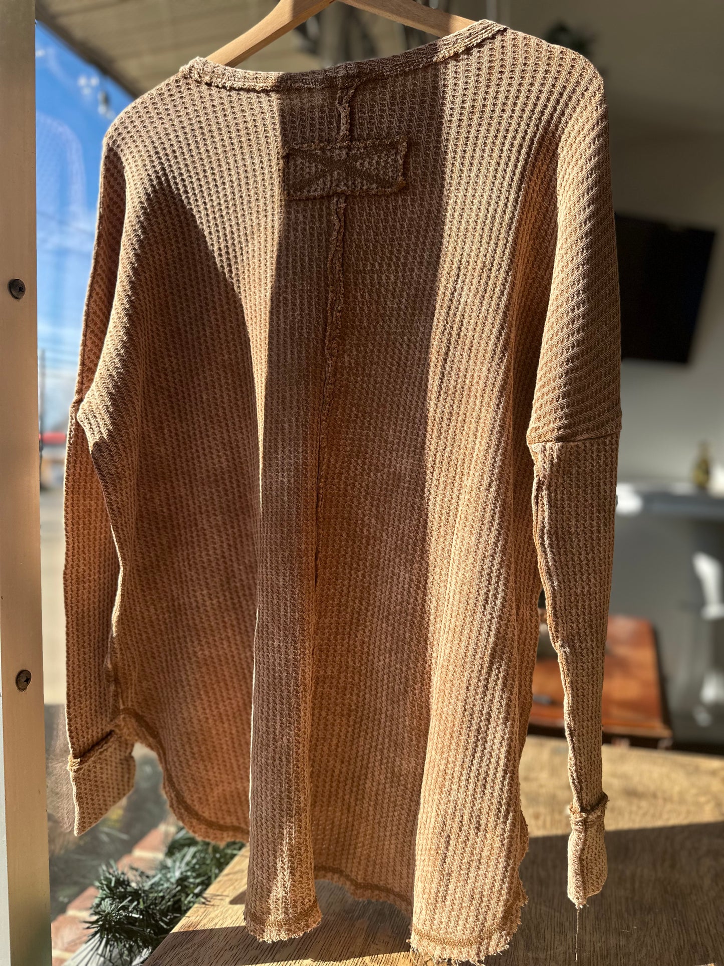 Deep camel washed baby waffle oversize long sleeve top