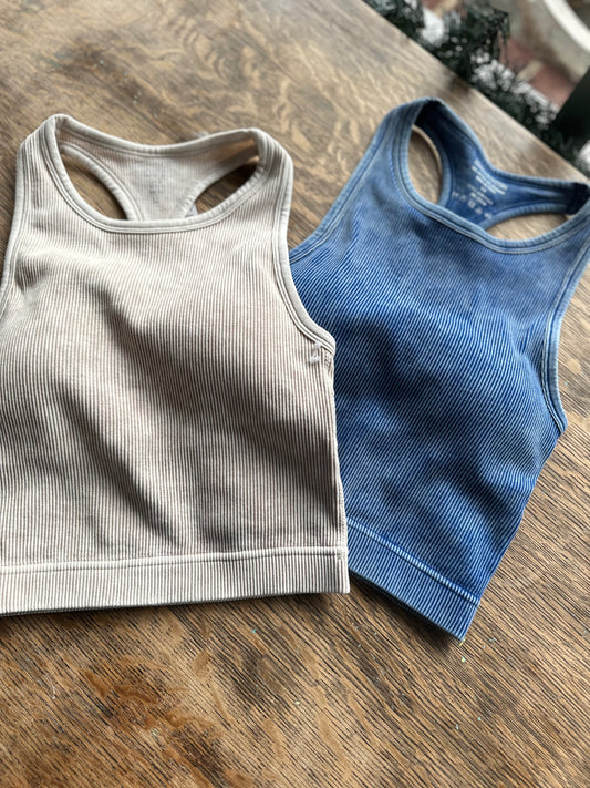 Washed ribbed seamless cropped tank top with bra pads