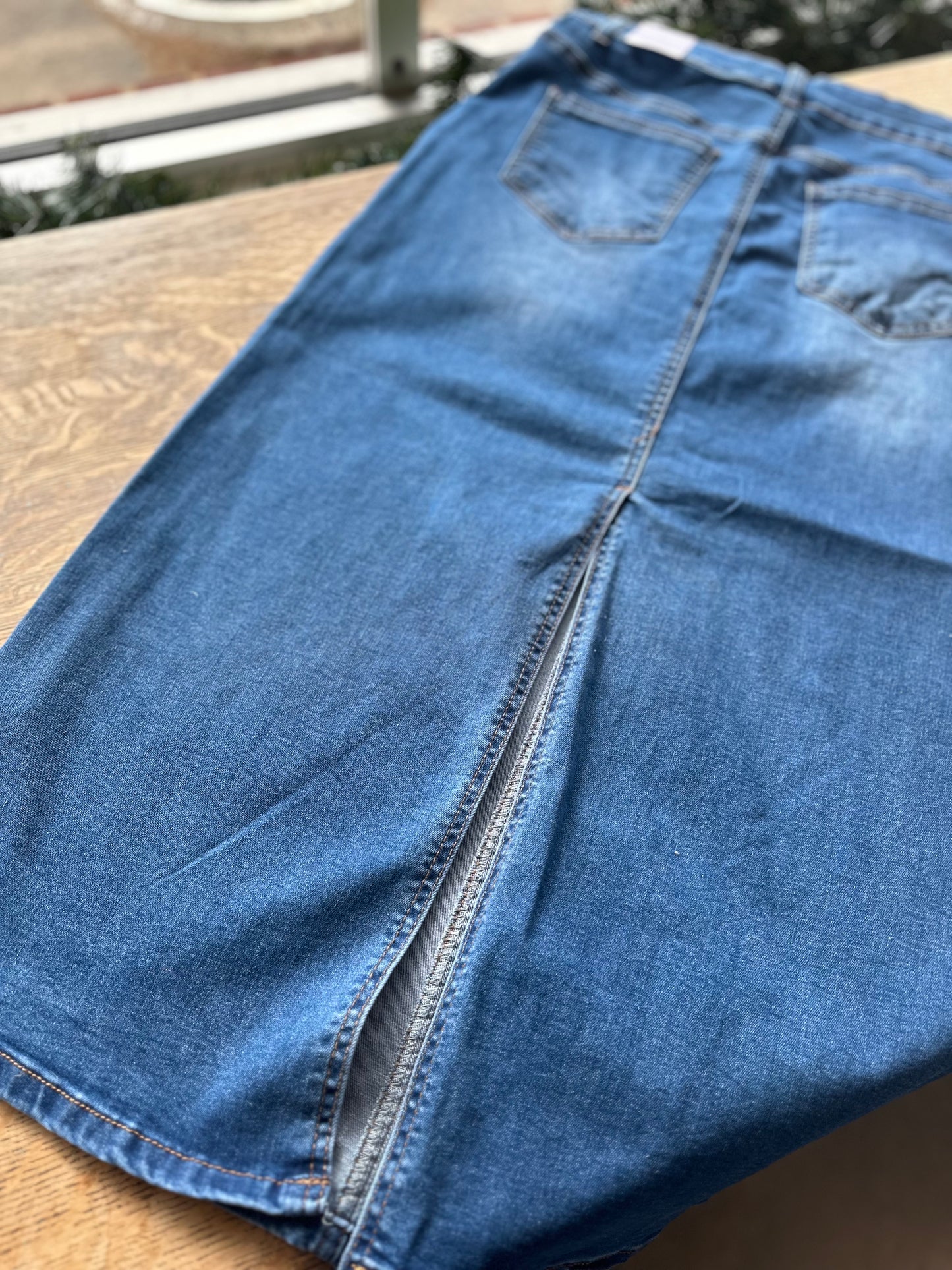 Wax jean back slit midi skirt
