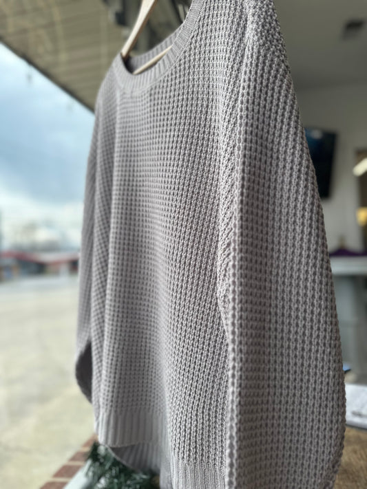 Plus light grey hi-low long sleeve round neck waffle sweater