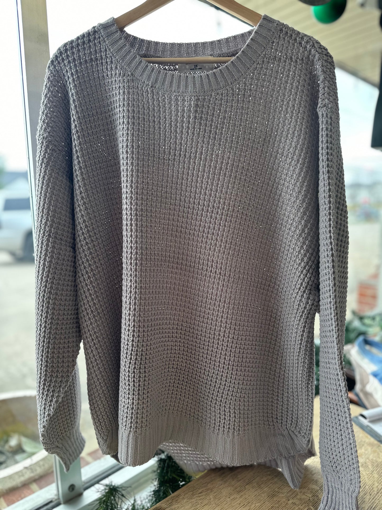 Plus light grey hi-low long sleeve round neck waffle sweater