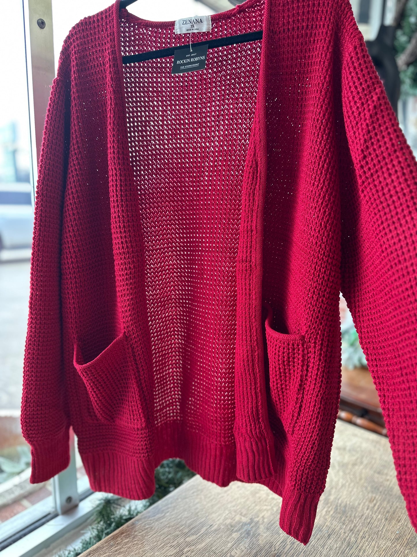 Plus burgundy low gauge waffle open cardigan sweater